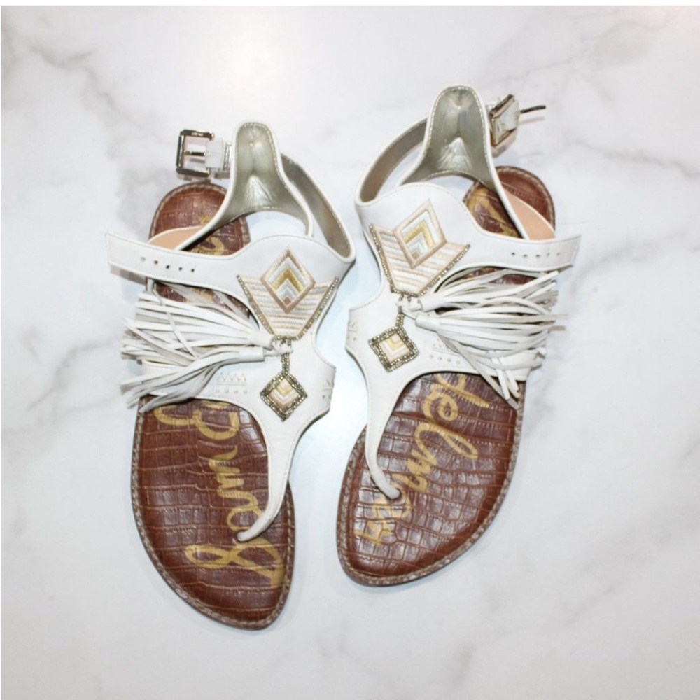 Sam Edelman Giblin White Leather Fringe Sandals